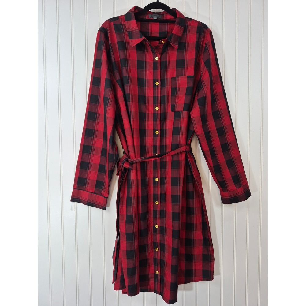 NWOT Limited Red Black Plaid Shirt Dress XL Long Sleeve Gold Button Buffalo